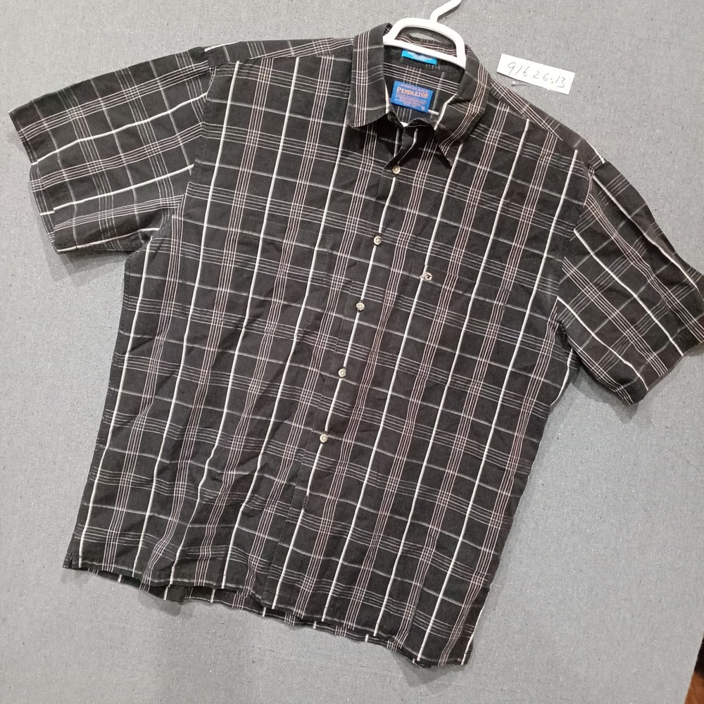 Pendleton Mens Large Black White Plaid Cotton Tencel Short Sleeve Button Shirt